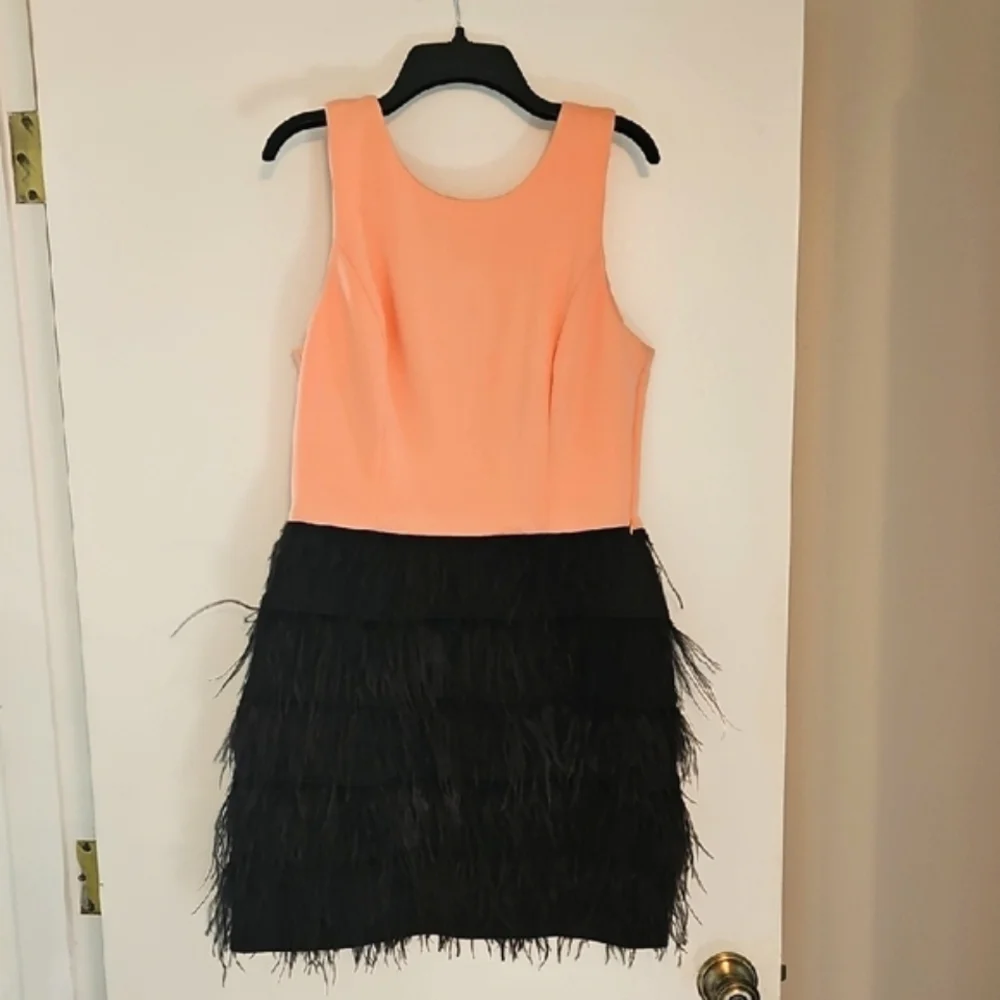 MAIA Peach and Black Dress With Feathers Size 8 - Picture 4 of 16